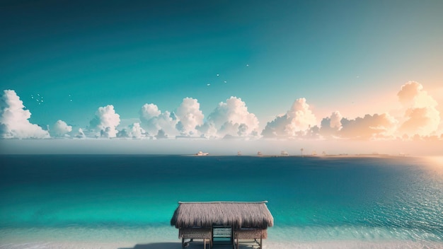 A beach scene with a hut on the horizon