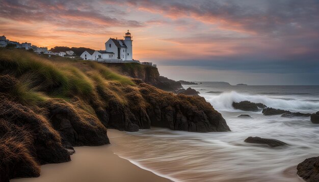 Photo a beach scene with a lighthouse on the horizon and the ocean in the background