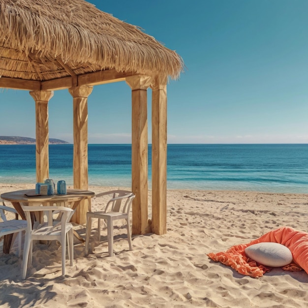 a beach scene with a man sleeping on the beach