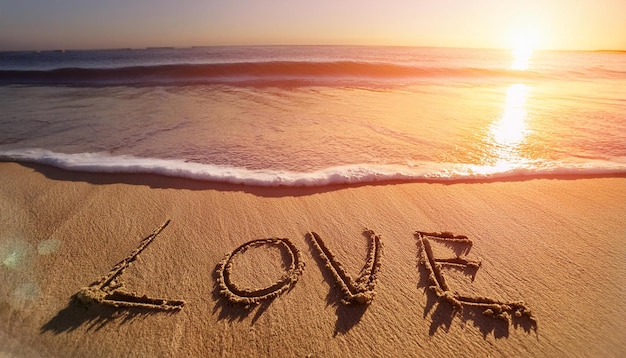 Photo a beach scene with the ocean and the word love written in the sand