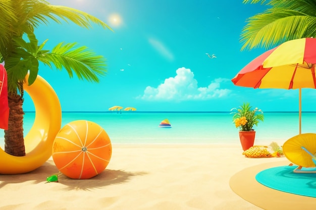 a beach scene with oranges and umbrellas and a beach scene