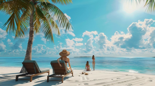 a beach scene with a palm tree and a beach chair