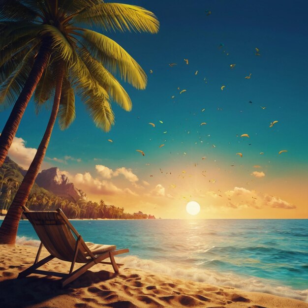 a beach scene with a palm tree and a beach chair