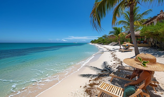 a beach scene with a palm tree and a beach chair