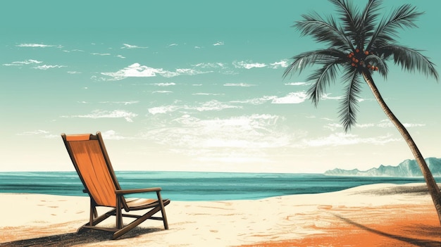 A beach scene with a palm tree and a beach chair