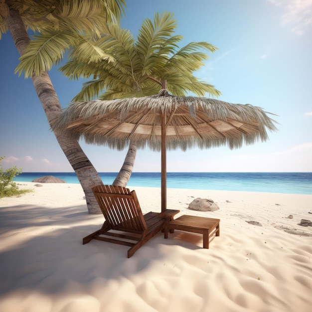 A beach scene with a palm tree and a beach umbrella.