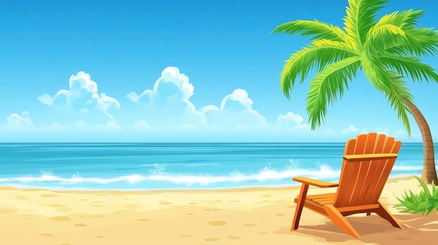 Photo a beach scene with a palm tree and a chair