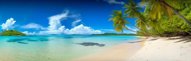 A beach scene with a palm tree in the foreground and a blue sky with clouds in the background.