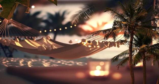 A beach scene with a palm tree and a hammock with a sunset in the background