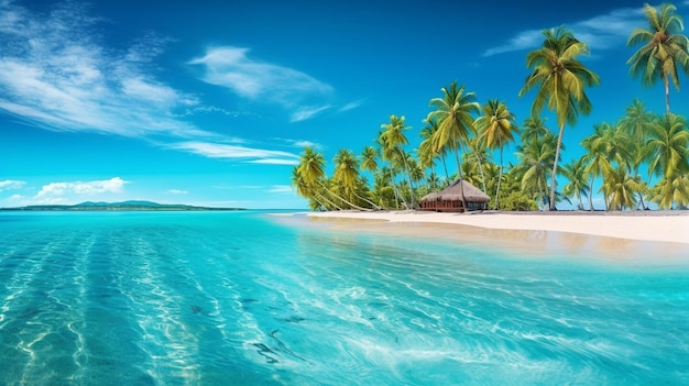 A beach scene with a palm tree and a house on the left.