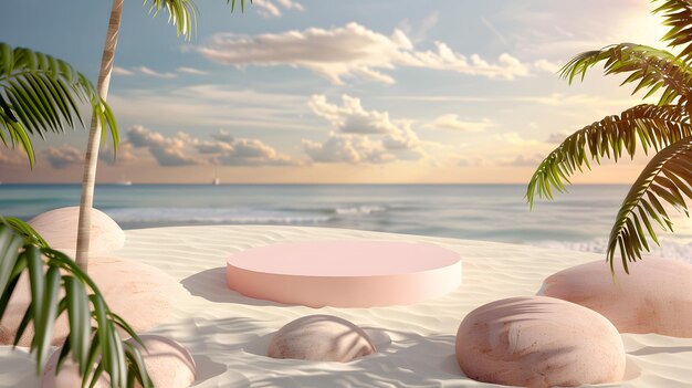 a beach scene with a palm tree and a pink object on the sand