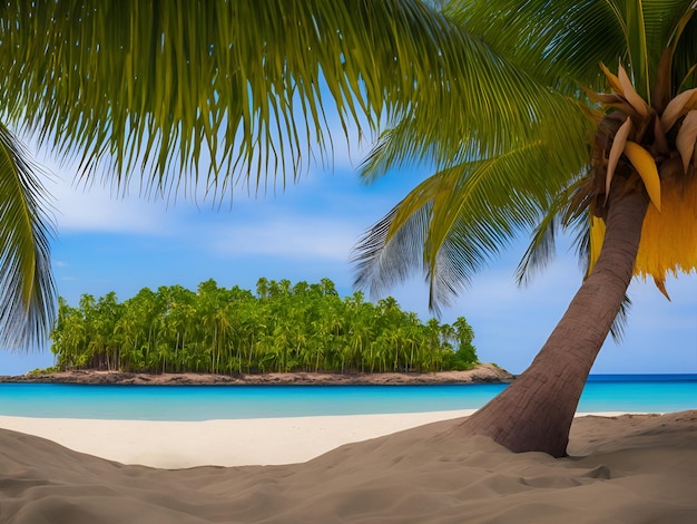 A beach scene with a palm tree on the sand