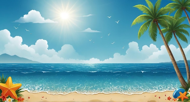 a beach scene with a palm tree and the sun in the sky