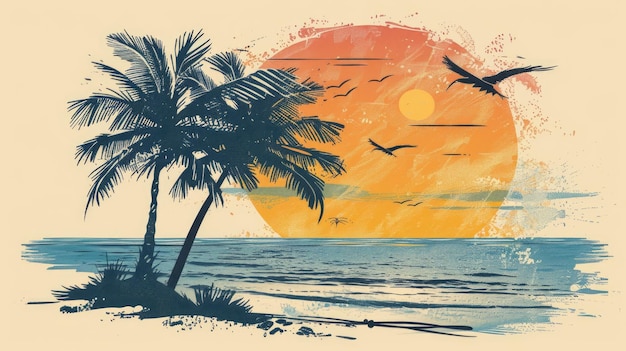 A beach scene with a palm tree and a sunset in the background