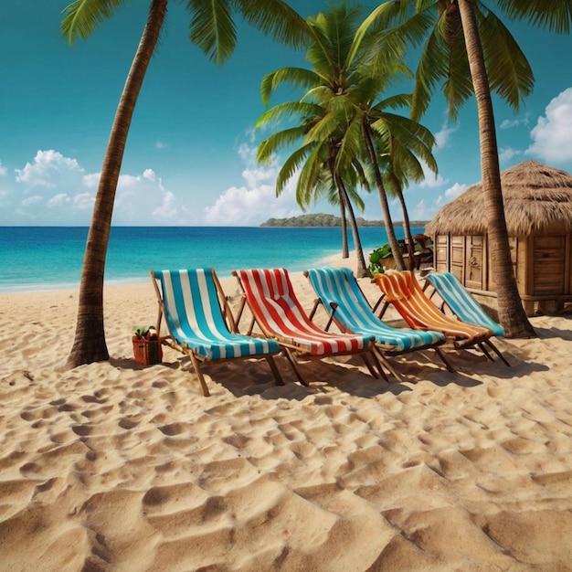 a beach scene with palm trees and a beach scene