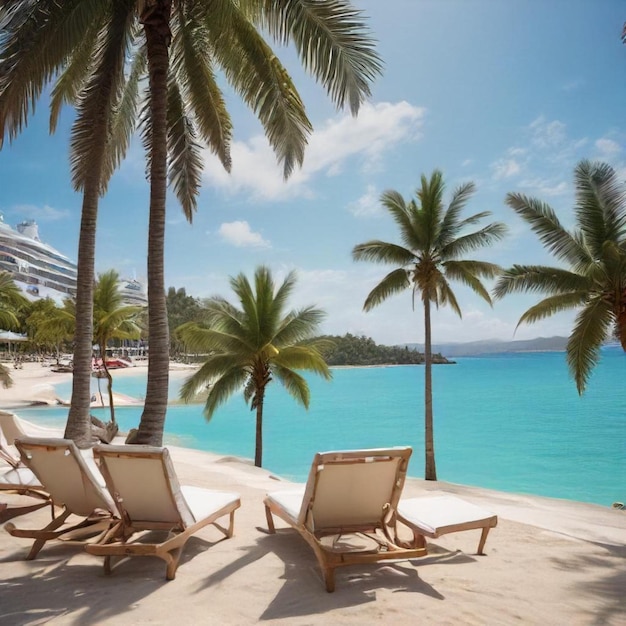 Photo a beach scene with palm trees and a beach scene