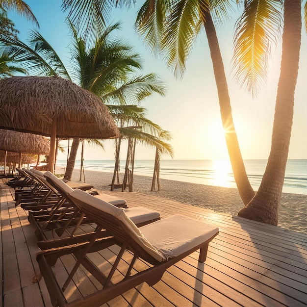 Photo a beach scene with palm trees and a beach scene