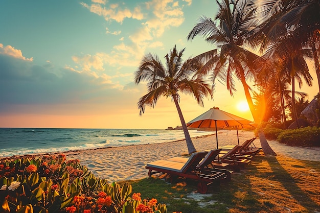 a beach scene with palm trees and a beach umbrella