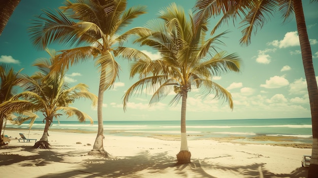 A beach scene with palm trees and a blue ocean