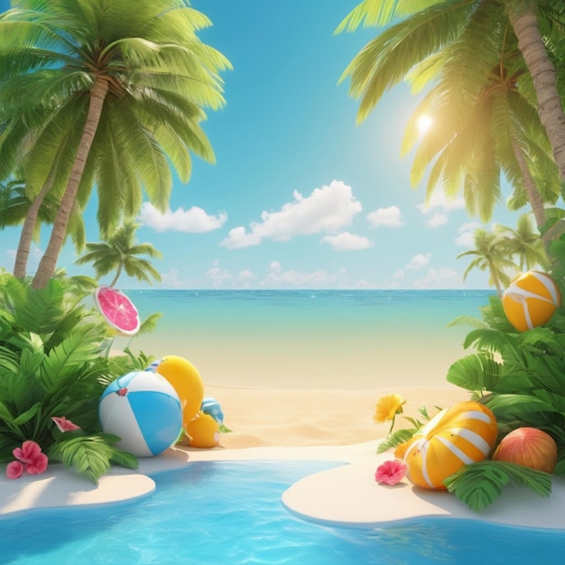 a beach scene with palm trees and a blue pool with a beach scene