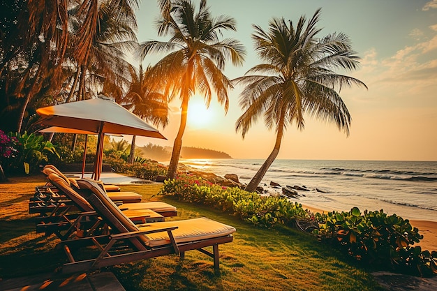 a beach scene with palm trees and a gazebo with a sunset in the background