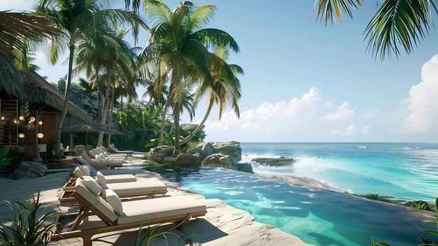 Photo a beach scene with palm trees and a lounge chair