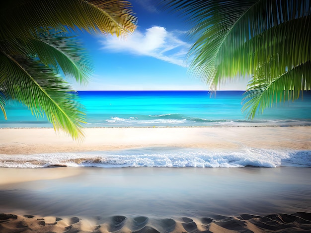 A beach scene with palm trees and the ocean in the background.