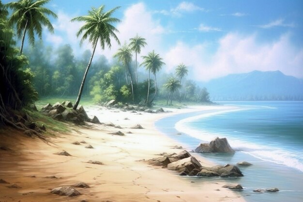 A beach scene with palm trees and the ocean in the background.