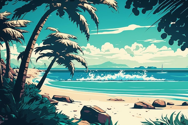 A beach scene with palm trees and the ocean.