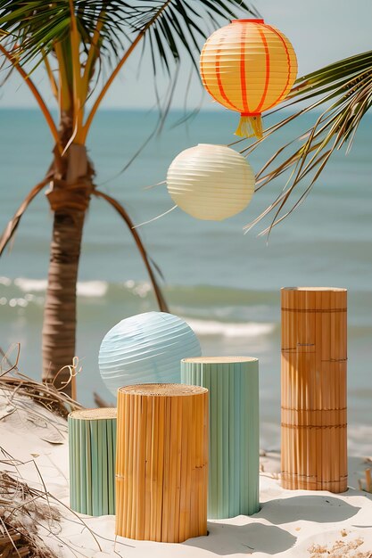 Photo a beach scene with palm trees and a palm tree with a beach scene in the background