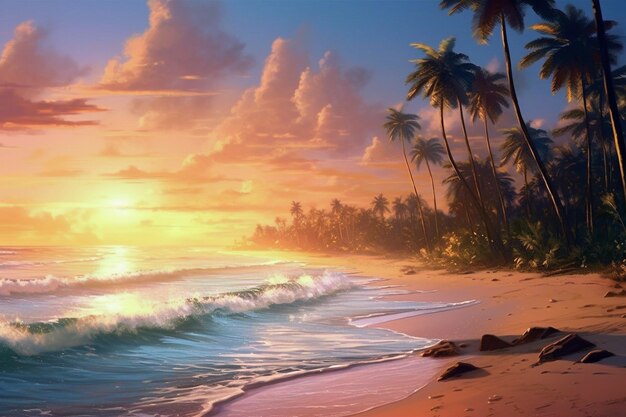 A beach scene with palm trees and the sun setting in the background.