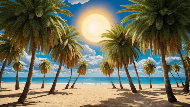 a beach scene with palm trees and the sun shining through the clouds