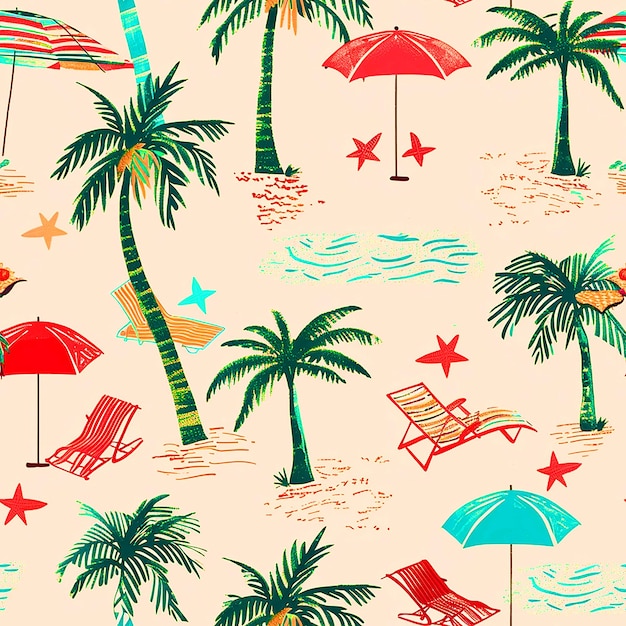 a beach scene with palm trees and umbrellas