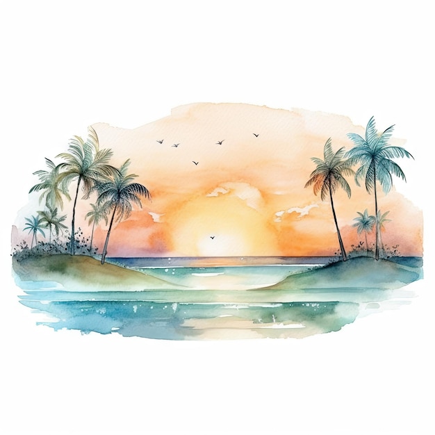 A beach scene with palm trees waves and a setting sun