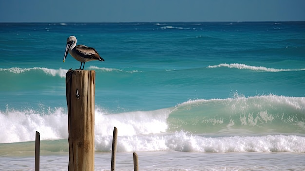 A beach scene with a pelican perched on a post