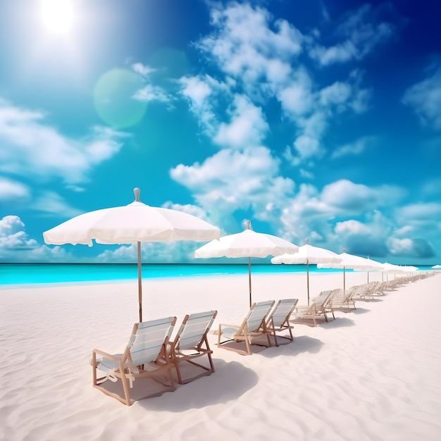 A beach scene with a row of beach chairs and umbrellas on a sunny day.