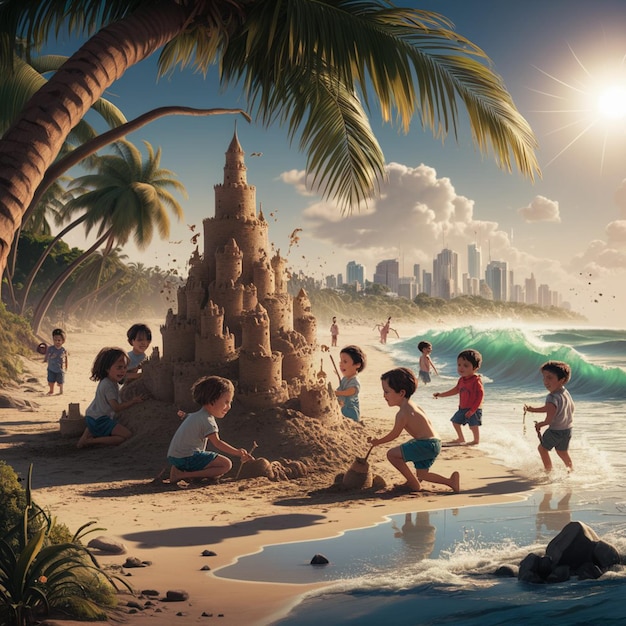 a beach scene with a sand castle and palm trees