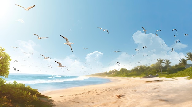 A beach scene with seagulls flying overhead