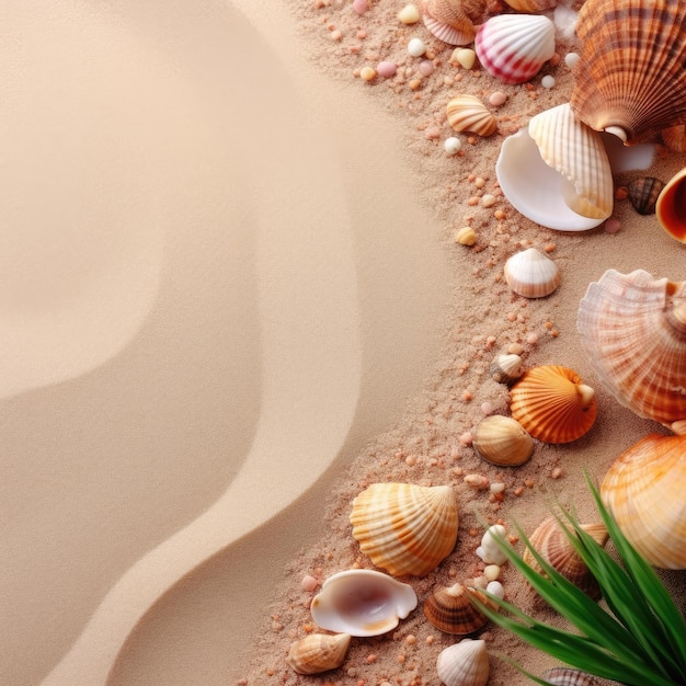 A beach scene with shells and green grass on the sand.