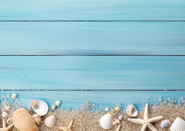 beach scene with shells and shells on a blue background