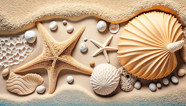 A beach scene with shells and starfish on it