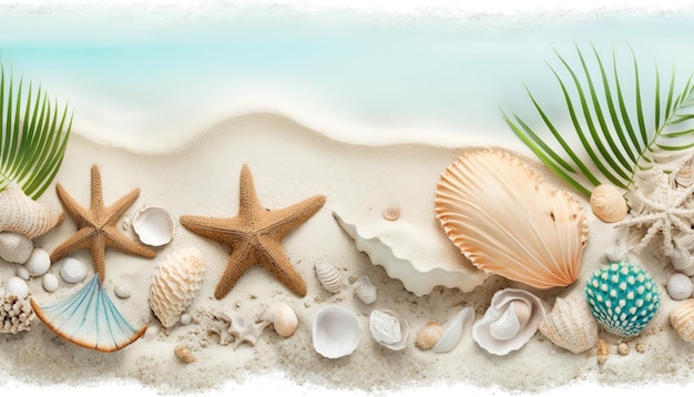 A beach scene with shells and starfish on the sand.