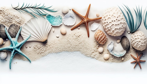 A beach scene with shells and starfish on a white background.