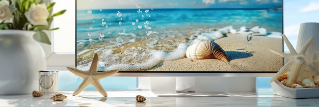 Beach scene with starfish and seashell displayed on desktop monitor in modern living room banner