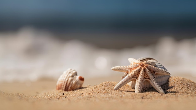 A beach scene with a starfish and shells on the sand