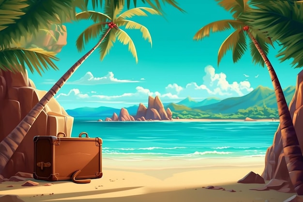 A beach scene with a suitcase and palm trees on the beach.