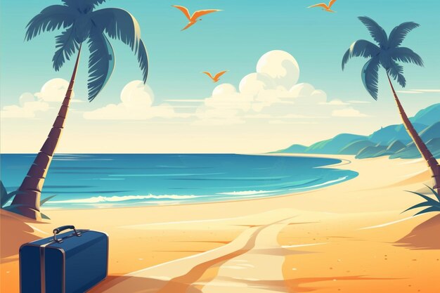 A beach scene with a suitcase on the sand and the sky is blue and the sun is shining.