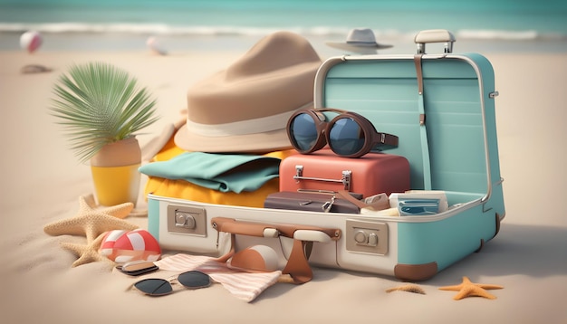 a beach scene with a suitcase sunglasses sunglasses and sunglasses