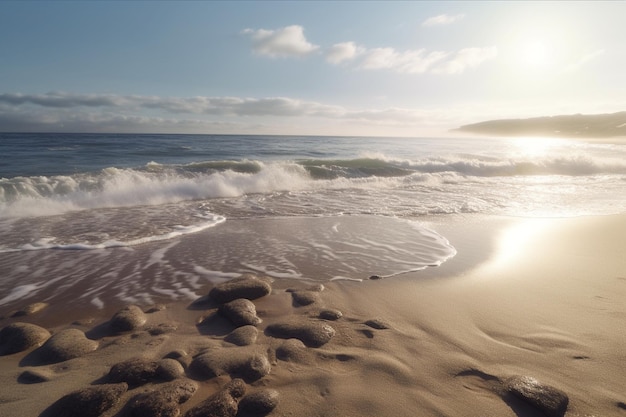 A beach scene with a sunset and a large body of water