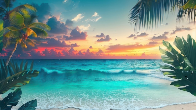 A beach scene with a sunset and palm trees